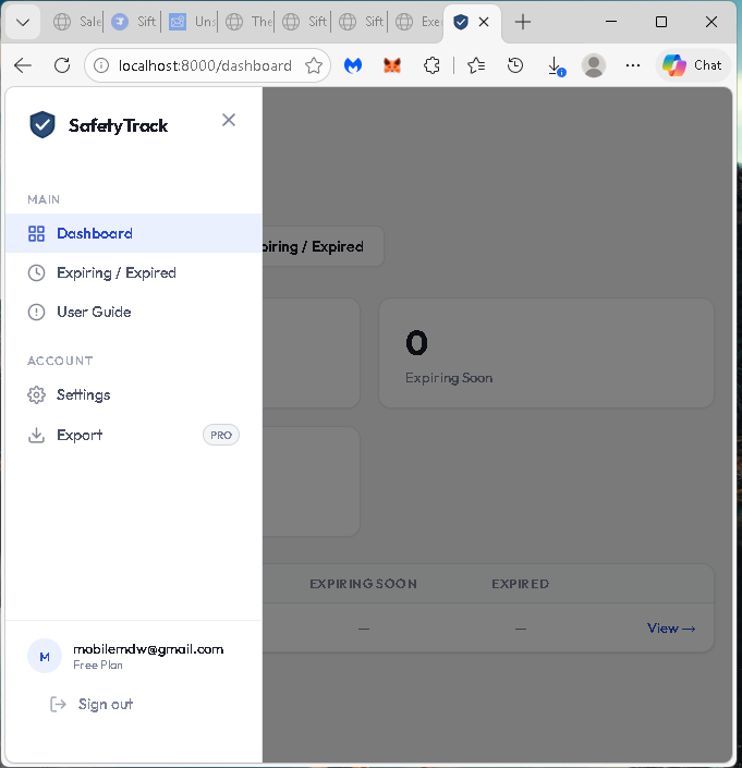 Sidebar navigation showing all menu options