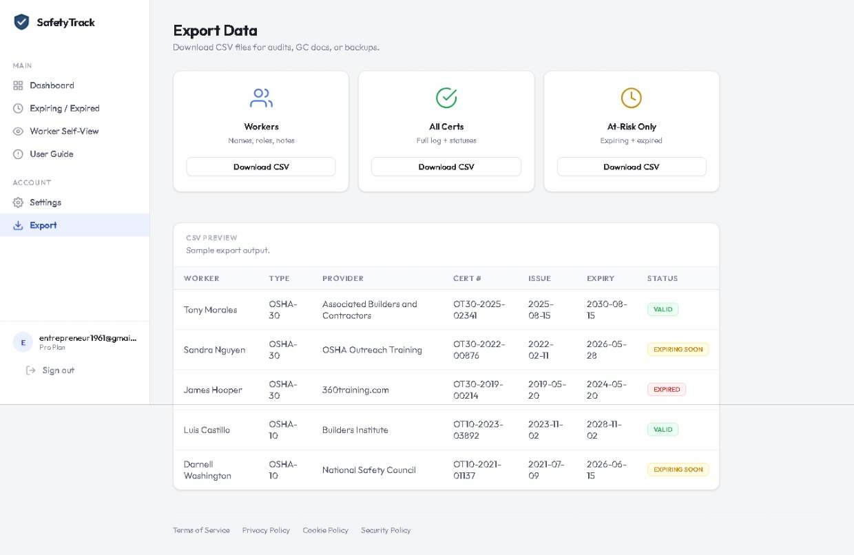 Export page showing three CSV download options and live preview